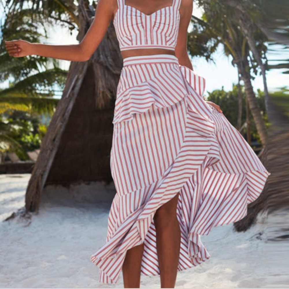 10 Crosby Derek Lam Cream and Rust Striped Ruffle Maxi Skirt